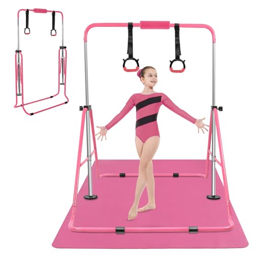 Gymnastics Bar for Girls Boys (A-G-E-S 3-10) with Rings, Folding Gymnastics Bars Horizontal Bar, Expandable for Home Training Gifts for Girls Boys