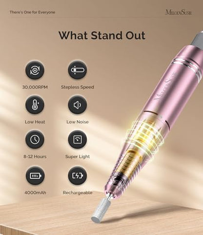 MelodySusie Entry-Level Clip-On Rechargeable Essential Nail Drill, SC300F 30000RPM E-File with LCD Display for All Manicure Shaping & Gel Removal, Ideal for Training,Nail Art Practice & Home Use, Pink - color: Pink
