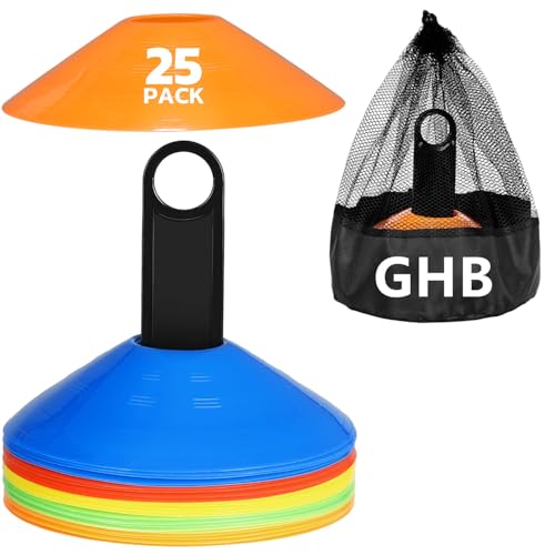 GHB Soccer Cones 25/50/100 Pack Disc Soccer Sport Cones Training Field Marker Agility Cones for Traffic, Basketball, Coaching, Practice Equipment Includes Cone Drills Guide - color: 25Pcs Multicolor