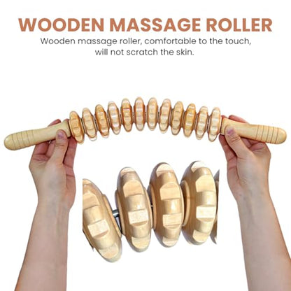 Wooden Massage Roller Stick with Triangle Massager, 12 Rollers Curved Wood Therapy-Massage Tool for Cellulite Reduction and Muscle Tension, 16.9inch