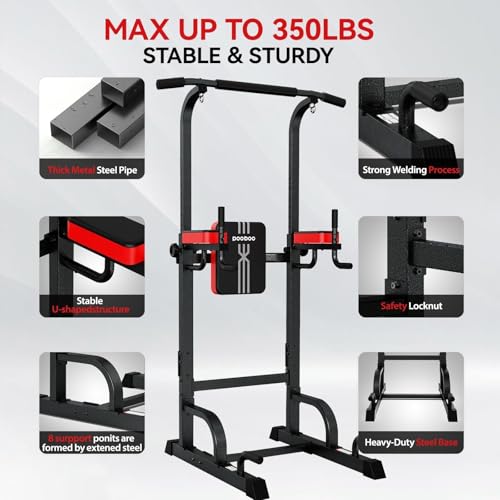 Power Tower Dip Station Pull Up Bar for Fitness Home Gym Workout,Multi-Function Adjustable Height Fitness Strength Training Exercise Equipment,with Power Elastic Ropes