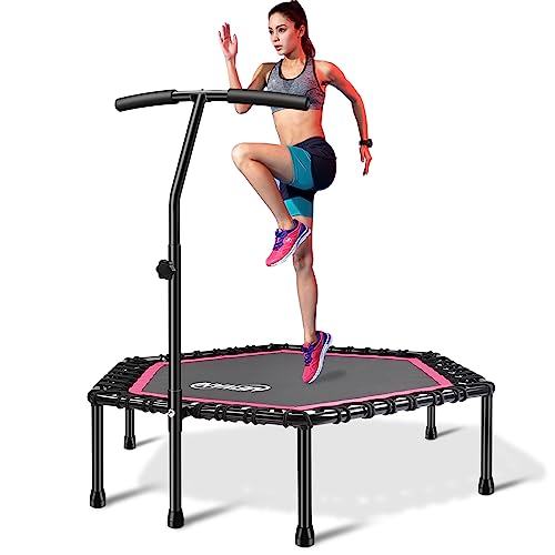 Newan 48'' Fitness Trampoline with Adjustable Handle Bar, Silent Trampoline Bungee Rebounder Jumping Cardio Trainer Workout for Adults - Max Limit 330 lbs - color: Pink