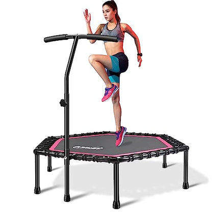 Newan 48'' Fitness Trampoline with Adjustable Handle Bar, Silent Trampoline Bungee Rebounder Jumping Cardio Trainer Workout for Adults - Max Limit 330 lbs - color: Pink