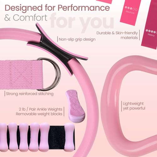 Pilates Equipment Kit 19 Piece, Home Pilates Workout Kit for Women, 14.5" Pilates Ring and Ball Set with Adjustable Ankle Wrist Weights, 5 Resistance Bands,Sliders & Grip Socks,Workout Guide Included