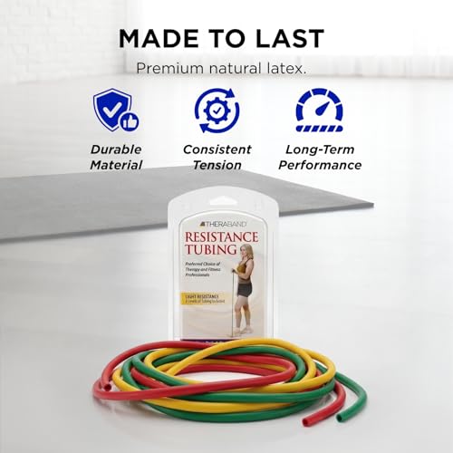 THERABAND Resistance Tubes, Begginer Set, Yellow, Red, and Green, 5 ft Latex Tubing, Home or Clinic Use, Cut-to-Fit, Color-Coded Resistance Bands for Upper & Lower Body Workouts