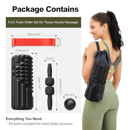 5 in 1 Foam Roller Set for Muscle Recovery & Deep Tissue Massage - color: Black
