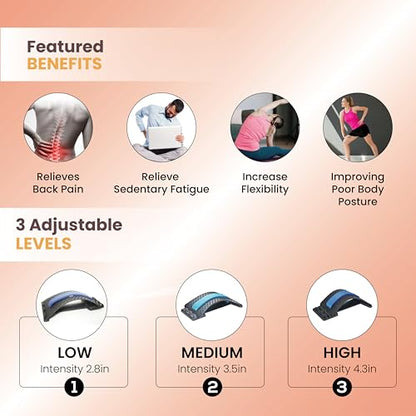 Ergonomic Back Stretcher for Lower back Pain Relief, Lumbar Support with Acupressure Points. Portable Spine Deck and Posture Correction Cracking Device with 4 Adjustable Levels. Back Massager for Scoliosis, Spine Decompression(Blue)