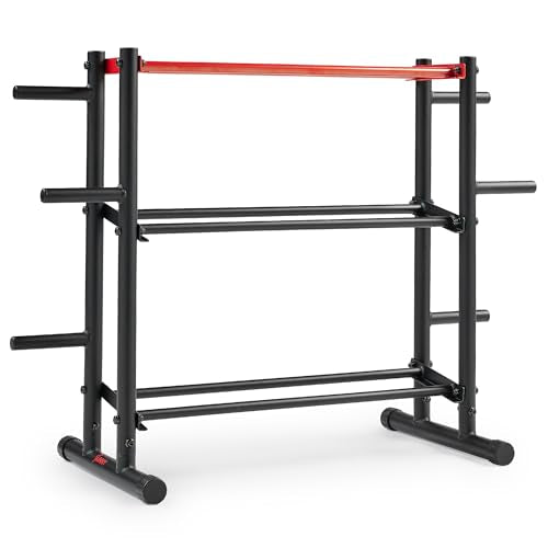 Sunny Health & Fitness Multi-Weight Storage Rack Stand for Dumbbells, Kettlebells, Olympic Weight Plates, Barbell, Medicine Ball - style: 3-Tier Rack