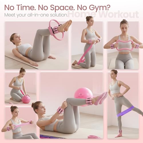 Pilates Equipment Kit 19 Piece, Home Pilates Workout Kit for Women, 14.5" Pilates Ring and Ball Set with Adjustable Ankle Wrist Weights, 5 Resistance Bands,Sliders & Grip Socks,Workout Guide Included