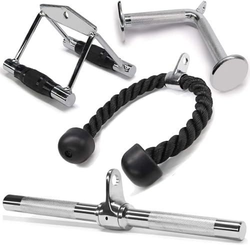Yes4All Cable Machine Attachment, Row Handles, Tricep Rope, Straight Bar, V Bar, LAT Pulldown Accessories Load 880 LB for Home Gym - color: E. Tricep Rope + Double D + Straight Bar + V Bar