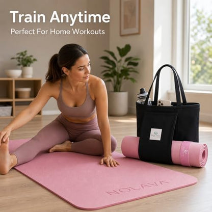 Nolava Yoga Mat with Bag – 72 x 24 inch, 1/4 inch Thick Non-Slip Mat – Includes Slap Band, Black Zippered Carry Tote with Mat Sleeve & Inner Pocket – For Yoga, Pilates, Home or Studio.