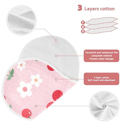 Pink Cherries Muslin Burp Cloths 2 Pack - Extra Large 22"x11", 4-Layer Soft Absorbent Cotton, Waterproof Backing, Baby Drool Rags for Newborn