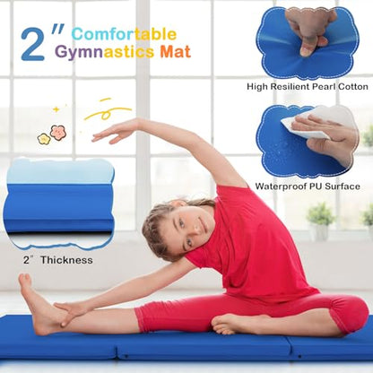 GYMAX Folding Gymnastics Mat, 6 FT x 2 FT x 2 Inches Exercise Mat w/Carrying Handles, Waterproof PU Leather, Hook & Loop Fasteners, Portable Tumbling Mat for Yoga Home Gym