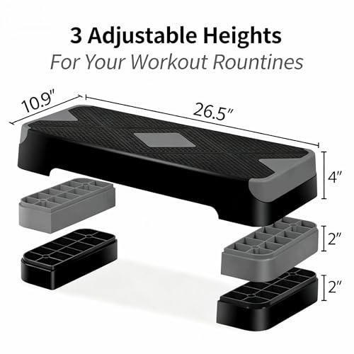 ZENY 26.5 inch Aerobic Step Platform with 4 Step Risers, Height Adjustable Exercise Stepper for Home Gym Workouts, 400 lbs Capacity - color: Grey