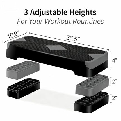 ZENY 26.5 inch Aerobic Step Platform with 4 Step Risers, Height Adjustable Exercise Stepper for Home Gym Workouts, 400 lbs Capacity - color: Grey