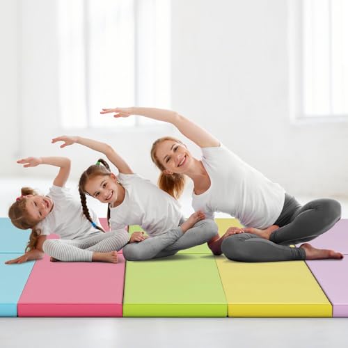Goplus Gymnastics Mat, 6'x4' 3-Panel/6.6'x2.5' 5-Panel Folding Tumbling Mat w/Carrying Handles, Hook&Loop Fastener, Portable PU Leather Rainbow Exercise Mat for Home Gym Aerobics Yoga - color: 5-Panel, 5 Color - Pastel Set