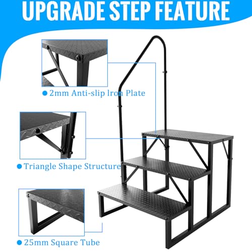 3 Step RV Stairs with Handrail, 660LBS Heavy Duty Anti-Slip Metal Steps, Detachable Outdoor Stairs for Hot Tub/5th Wheel/Pool/Mobile Home - style: 3 Step 1 Handrail
