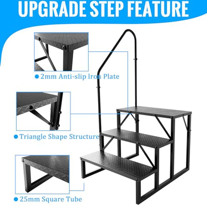 3 Step RV Stairs with Handrail, 660LBS Heavy Duty Anti-Slip Metal Steps, Detachable Outdoor Stairs for Hot Tub/5th Wheel/Pool/Mobile Home - style: 3 Step 1 Handrail