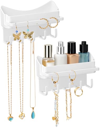 NiHome 2-Pack Multi-Functional Wall Storage Rack with Hooks, No Drill Adhesive Wall Mounted Organizer for Necklace, Jewelry, Headbands, Glasses, Vanity Accessory Shelf & Bathroom Storage Organizer