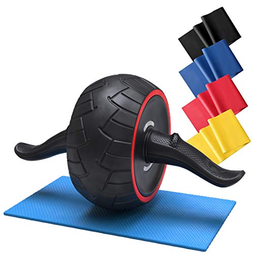 Ab Roller for Abs Exercise Workout Fitness Ab Wheel Roller Knee Mat Resistance Bands Home Gym Equipment for Men Women Abdominal Exercise - color: Black w Resistance Bands