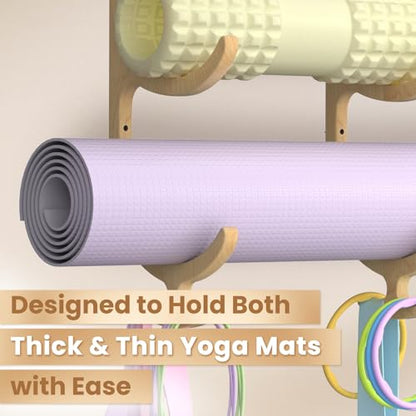 Wooden Yoga Mat Holder Wall Mount, Yoga Mat Storage Rack, Home Gym Equipment Organizer, Wall Mount Workout Storage Holder for Hanging Foam Rollers and Resistance Bands
