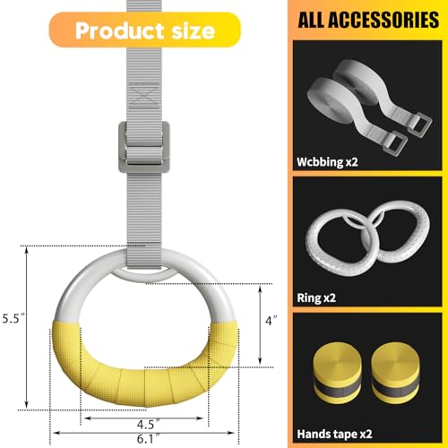 Gymnastic Rings, Both for Adults and Kids, Adjustable Strap Strength Home Exercise Gym Rings for Strength/Physical Training, Indoor Gym Anti -Slip Surface Design Rings