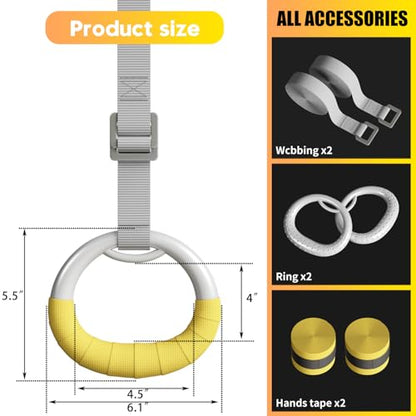 Gymnastic Rings, Both for Adults and Kids, Adjustable Strap Strength Home Exercise Gym Rings for Strength/Physical Training, Indoor Gym Anti -Slip Surface Design Rings