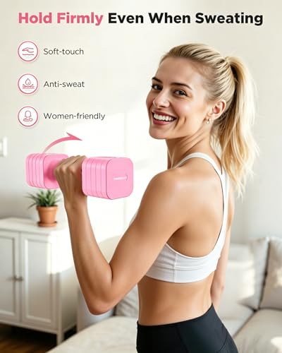 FEIERDUN DB3 5-in-1 Adjustable Dumbbell Set, 6LB/10LB Pair Adjustable Weights for Women at Home, Dual Locking Stable Hand Weights with TPU Soft Handle, Home Gym, Rehab, Pilates, Yoga, Strength Training - color: B-Cute Pink, style: 6LBS Pair (12LBS Total)