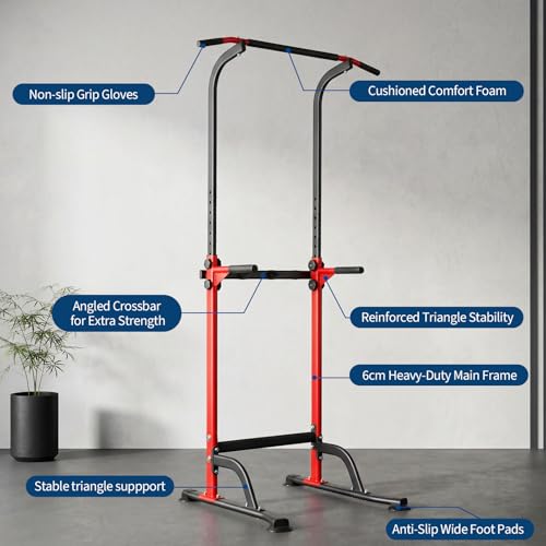 Power Tower Home Gym Strength Training Station Adjustable 10 Height Levels, Heavy-Duty Chin-Up Tower with Parallel Dip Handles, Bodyweight Workout Equipment for Pull-Ups, Dips, Knee Raises, Push-Ups, 330 Lb Capacity