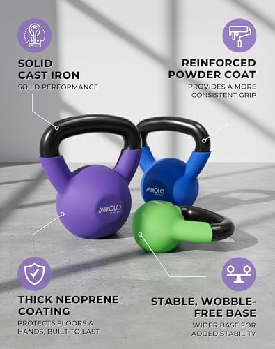 Mikolo Neoprene Coated Cast Iron Kettlebells 5-30LB Set, Solid Weight Set with Wide Grip Handle and Flat Bottom, Ideal for Full Body Strength Training at Home Gym - size: 5LB