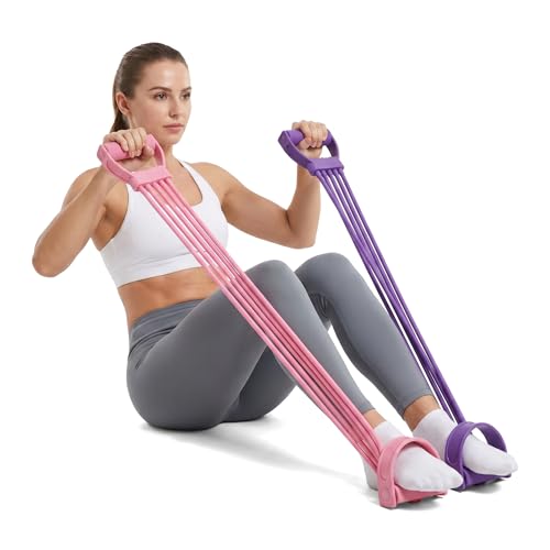 2Pcs Resistance Bands with Pedals, 6-Tube Tension Rope Exercise Equipment with Foam Handles, Sit-Up Pull Rope for Home Workout, Waist, Arm & Core Training Fitness Equipment
