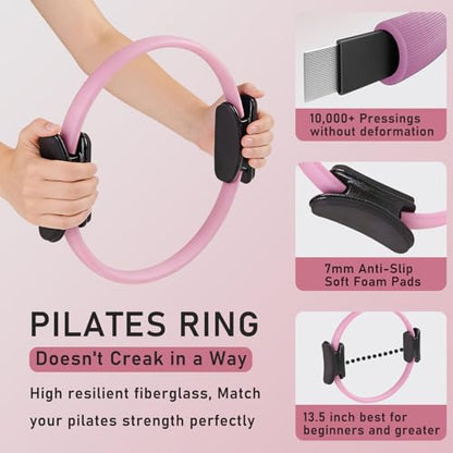 Pilates Ring Kit with Adjustable Ankle Wrist Weights, Resistance Bands, Ball, Pilates Equipment Ball for Home Workout to Tone, Sculpt and Strengthen, Fitness Magic Circle Rings for Yoga Women