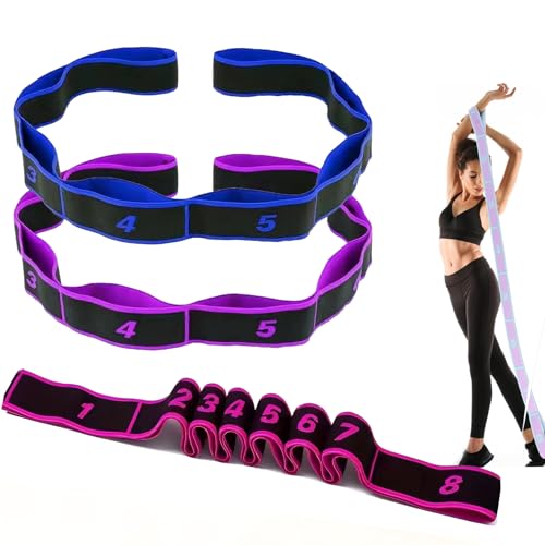 Elastic Yoga Stretching Strap with Loops, 3Pcs Yoga Strap Numbered Resistance Band 8 Segment Pilates Stretching Band for Physical Dance Stretch Pilates Resistance Bands (Pink + Blue + Purple)