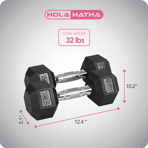 HolaHatha Hexagonal Rubber Dumbbell Weights Set, Home Gym Equipment - style: 15lb Pair