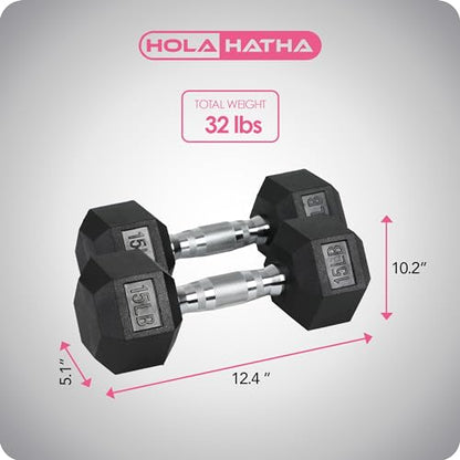 HolaHatha Hexagonal Rubber Dumbbell Weights Set, Home Gym Equipment - style: 15lb Pair
