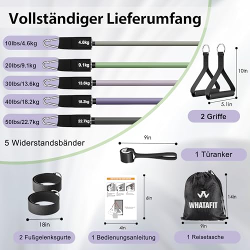 WHATAFIT Resistance Bands, Exercise Bands, Workout Bands with Handles, Door Anchor and Ankle Straps, 5 Resistance Levels Fitness Bands for Strength Training, Physical Therapy, and Home Gym Equipment
