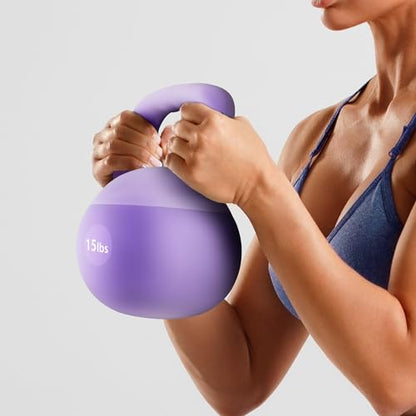 soges PVC One-Piece Kettlebell with Wide Handles, Strength Training Kettlebells 5lb to 35lb Optional for Women of Different Levels, Iron Sand Filled Soft Kettlebell - color: 15lbs - Purple