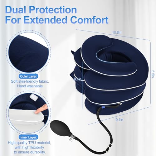 Inflatable & Adjustable Neck Traction Device with Neck Brace,Portable Cervical Traction Device for Instant Neck Pain Relief,Perfect for Home,Office,and Travel(Dark Blue)