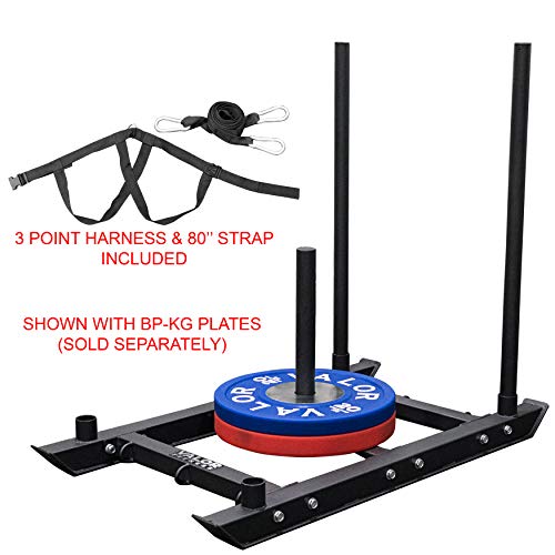 Valor Fitness Weighted Sleds for Push, Pull, and Drag Training – Strength and Conditioning Sleds with Harness and Plate Storage for Home Gym or Sports Performance