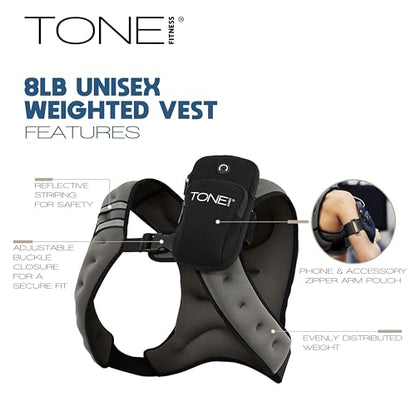 TONE Fitness 8LB Weighted Vest – Women’s & Men’s Workout Vest with Phone Pouch, Reflective Strips & Adjustable Fit for Walking, Running, Cardio & Strength Training | Gray/Blue - color: Gray