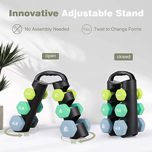 LIONSCOOL Set of 2 Neoprene Coated Dumbbell Hand Weights, Anti-Slip and Anti-Roll Hex Dumbbells in Pair for Strength Training, Resistance Training - style: 18lb, set of 6 with stand (Daylight Prairie)