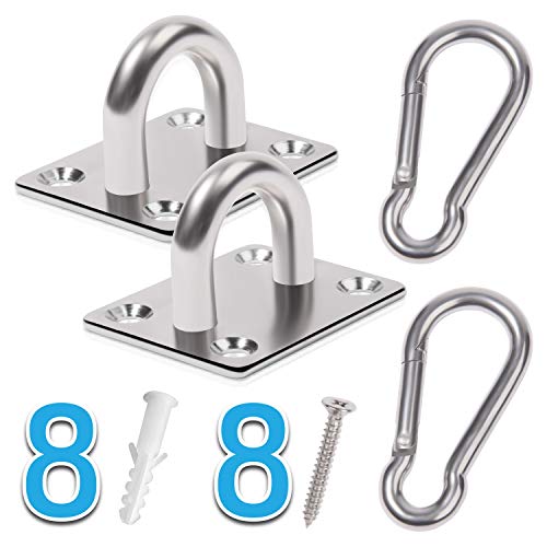 2PCS M8 Premium Heavy Duty Square Stainless Steel Pad Eye Hooks + 2PCS Snap Hooks and 8PCS Screws with 8PCS Plastic Expansion Tube, Ceiling Hooks Heavy Duty for Outdoor Indoor Activity