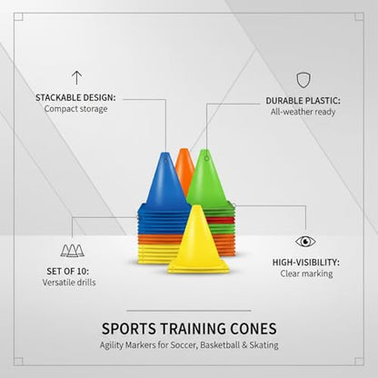 Sports Training Cones Set of 10, Stackable Agility Markers for Soccer Basketball Skating Drills, Durable Plastic Field Equipment (Set of 10) - size: 7.87 x 7.87 x 7.09"