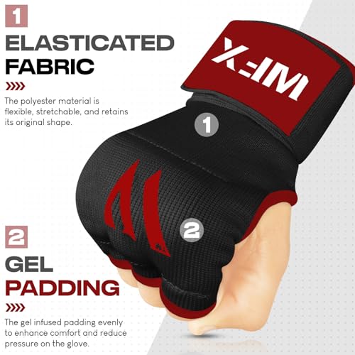 WFX Kids Junior Boxing Hand Wraps Inner Gloves Gel Padded Elasticated Padded Fist Under Gloves Pair Combat Sports for Young Fighters Gel Boxing Hand Wraps - color: Black / Red