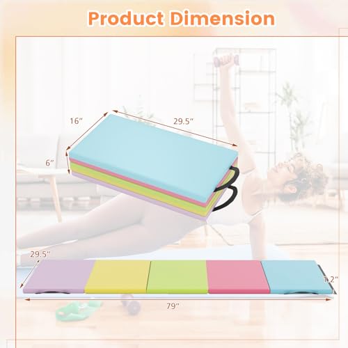 GYMAX Gymnastics Mat, 5-Panel Folding Tumbling Mat with Carrying Handles, 4-Side Hook & Loop Fasteners, Waterproof PU Cover, Exercise Mat for Home, Gym, Yoga, Stretching - color: Pastel