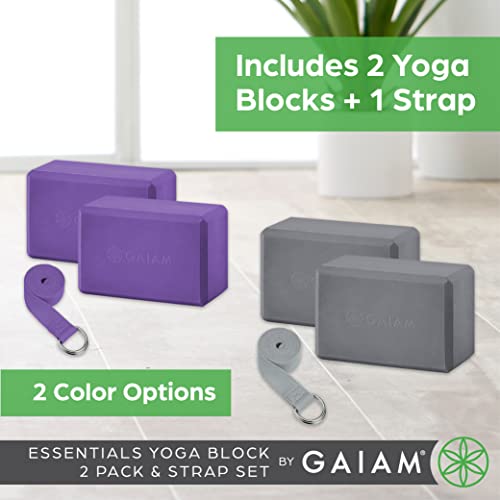Gaiam Yoga Block - Supportive Latex-Free Eva Foam - Soft Non-Slip Surface with Beveled Edges for Yoga, Pilates, Meditation - color: Deep Pueple, style: 2 Blocks W/Strap