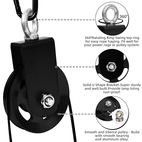 LFJ Aluminum Alloy Cable Pulley with Swing Strap Carabiner, 90mm Pulley Wheel for LAT Pulley System DIY Pull Down Attachment,Ladder Lift,Home Gym Equipment - color: Black-2Pack