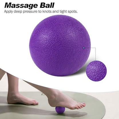 JOYENERGY 5 in 1 Foam Roller Set Trigger Point Foam Roller, Massage Roller Stick, Massage Ball, Stretching Strap for Deep Muscle Massage Pilates Yoga, Fitness Exercise for Whole Body (Purple Diamond)