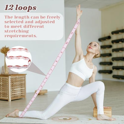 Yoga Strap with 12 Loops, Elastic Yoga Stretching Strap Leg Stretching Straps Multi-Functional Stretch Band for Pilates Dance Ballet Latin Flexibility Resistance Training