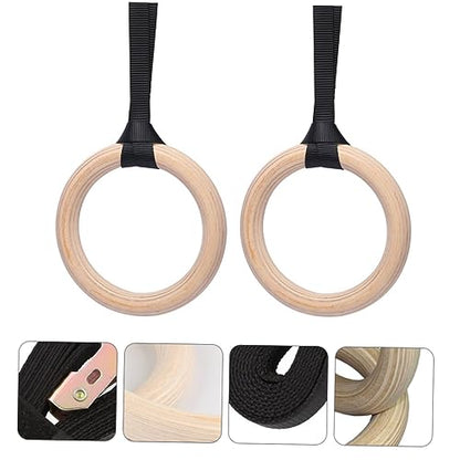 POPETPOP Gymnastic Rings Straps Solid Wood Gym Rings Fitness Equipment for Pull Ups Dips and Strength Training